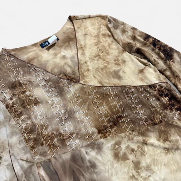 VTG Y2K Only Nine Light Brown Tie Dye Sequin Embroidered 3/4 Sleeve Boho Top M - Picture 6 of 8
